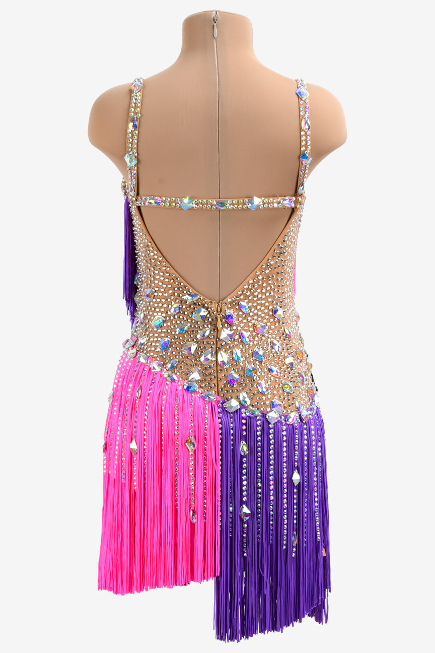 Permino colorful Latin dress with stone fringes, fringe and crystal AB
