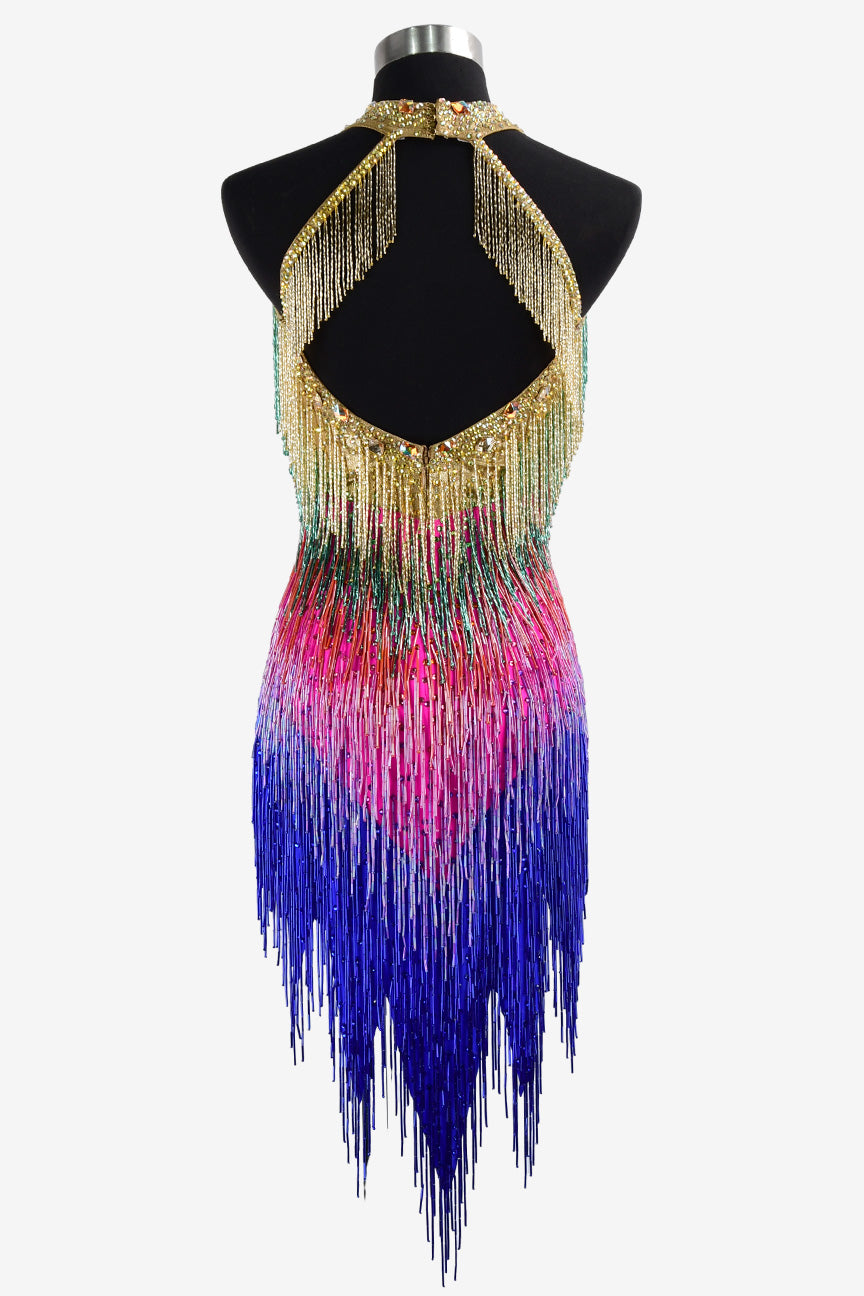 Permino colorful Latin dress with beaded fringe and crystal AB