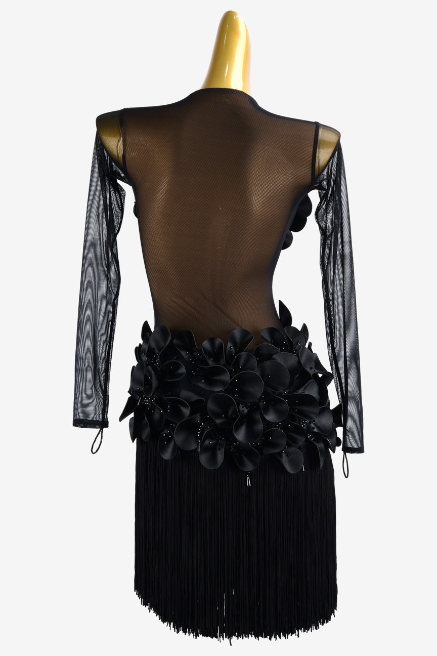 Permino black mesh Latin dress with flower appliques, beadedings, fringes & crystals
