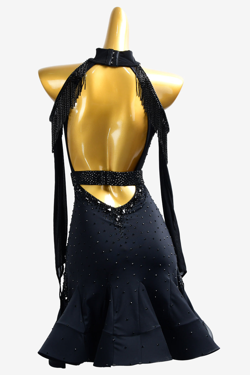 Permino black Latin dress with fringe,crystal AB and beaded fringe