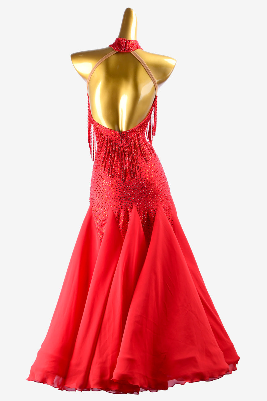 Permino china red Standard dress with stone fringes and crystal AB