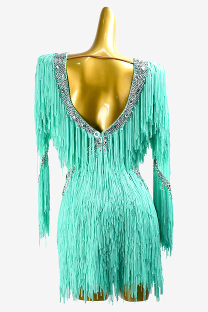 Permino turquoise Latin dress with AB stone and fringe