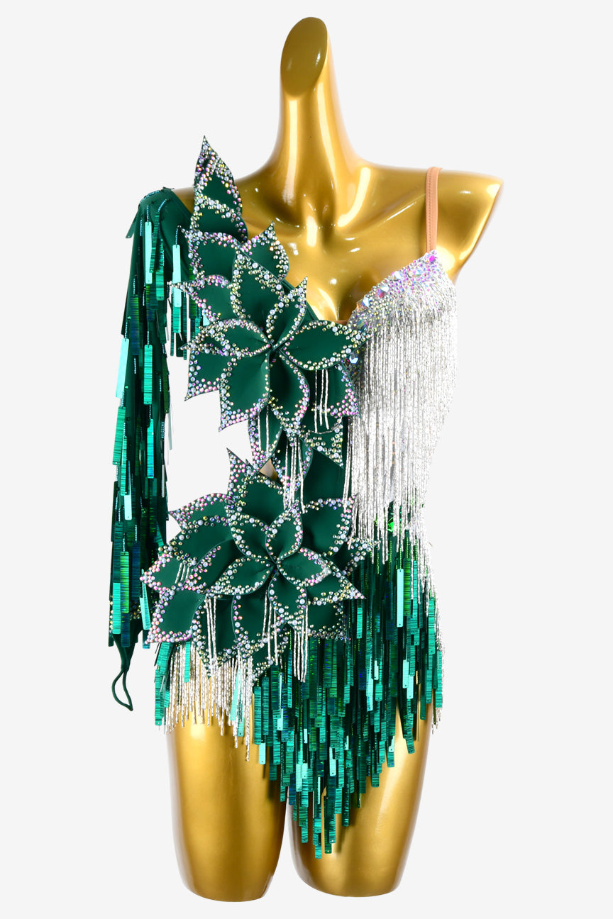 Permino turquoise green Latin dress with silver beaded fringes, sequins, flower appliques & AB stones