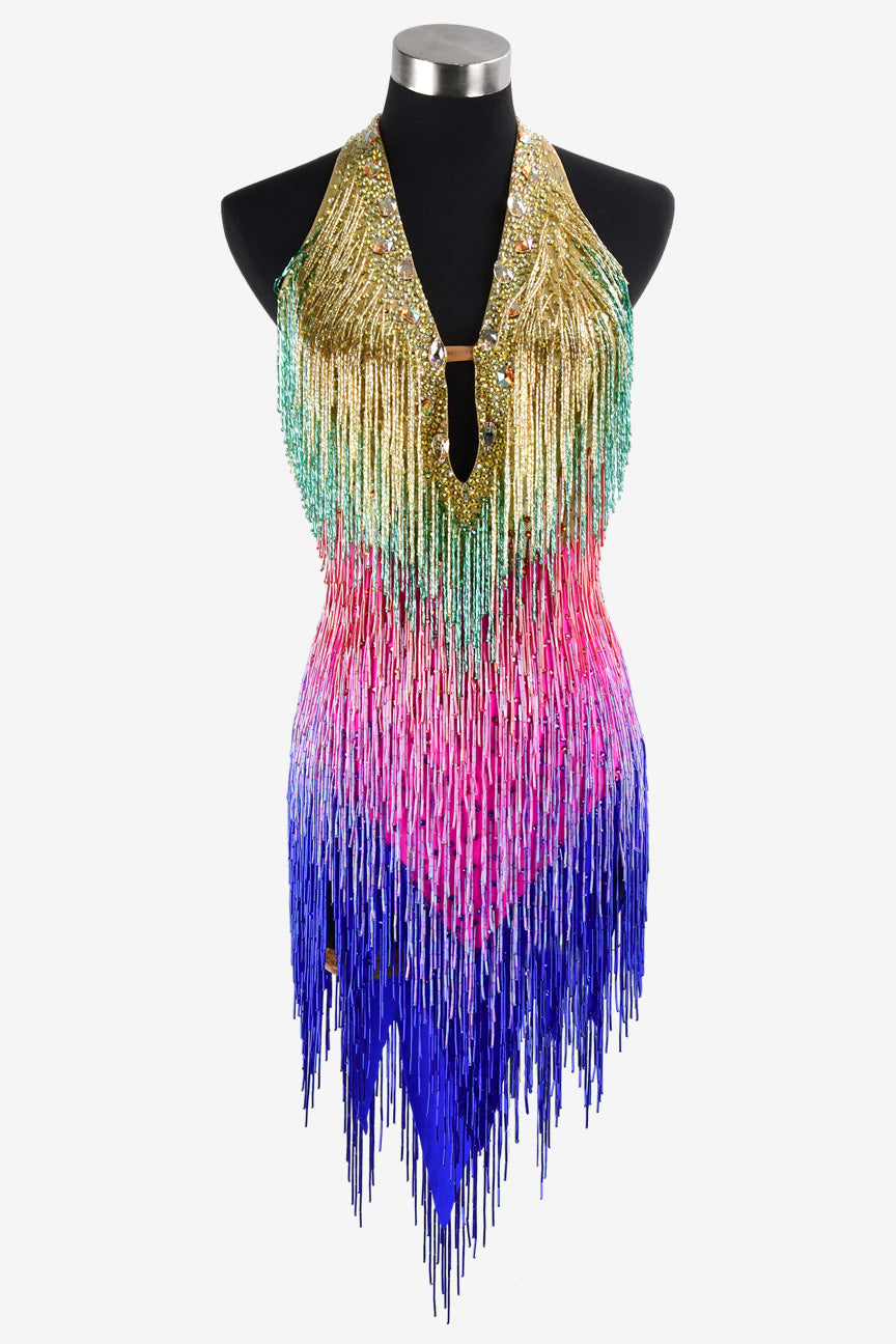 Permino colorful Latin dress with beaded fringe and crystal AB