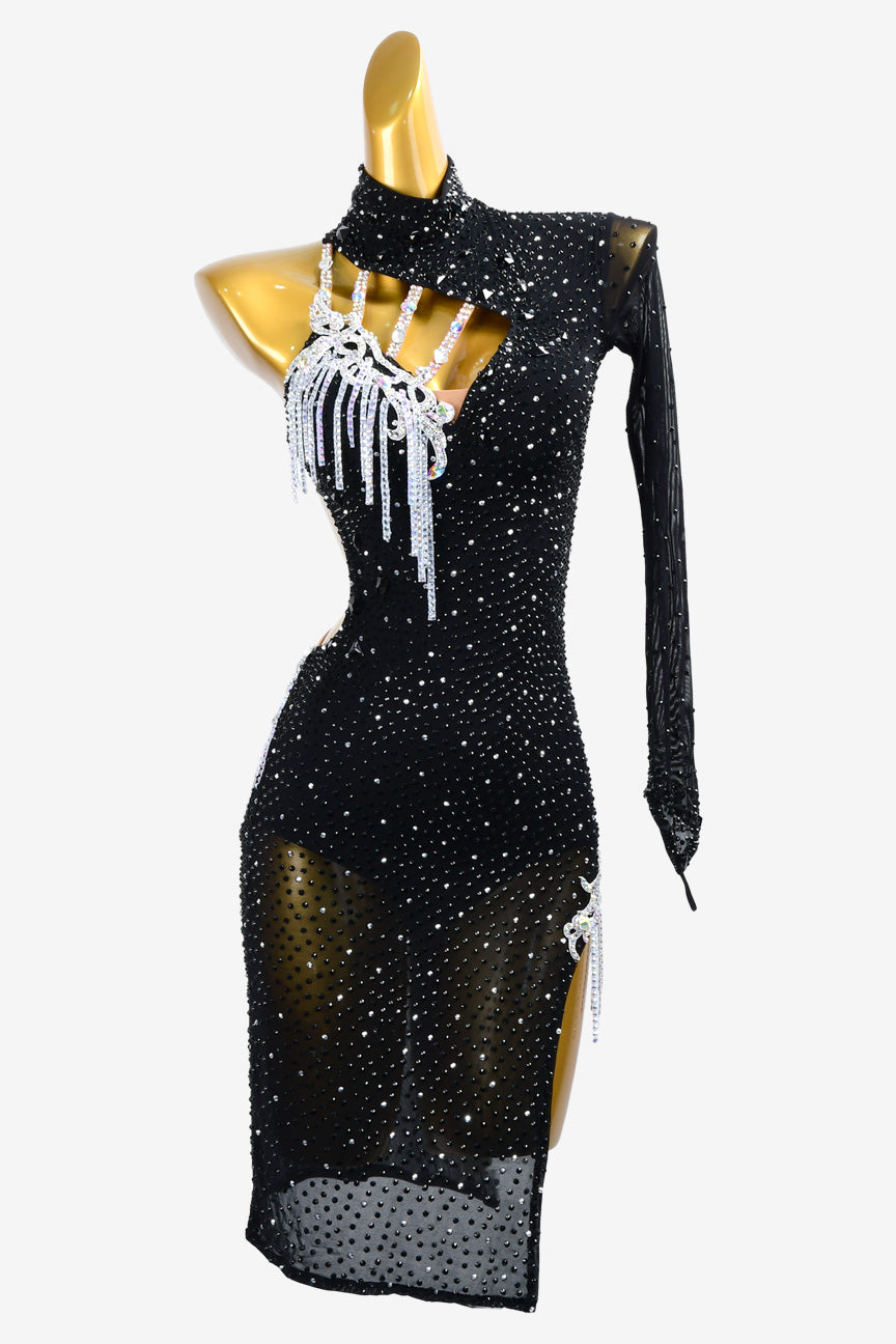 Permino black Latin dress with crystal AB a and stone fringes