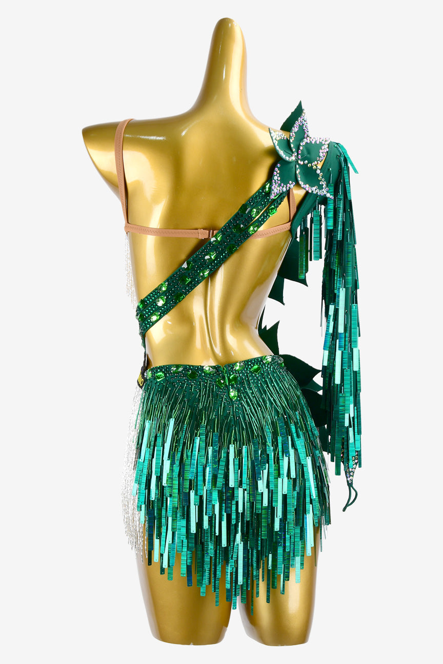 Permino turquoise green Latin dress with silver beaded fringes, sequins, flower appliques & AB stones