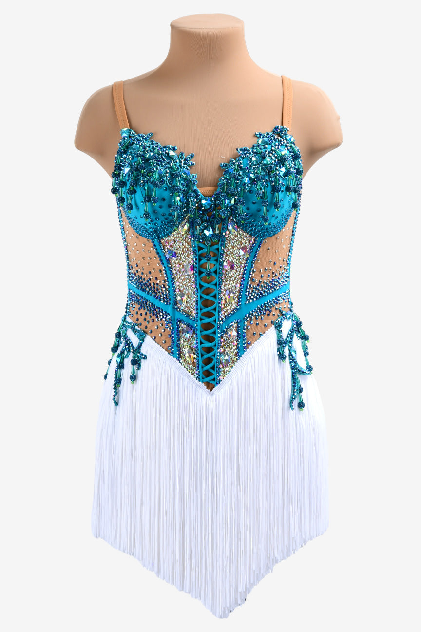 Permino white Latin dress with beading, fringe and crystal AB