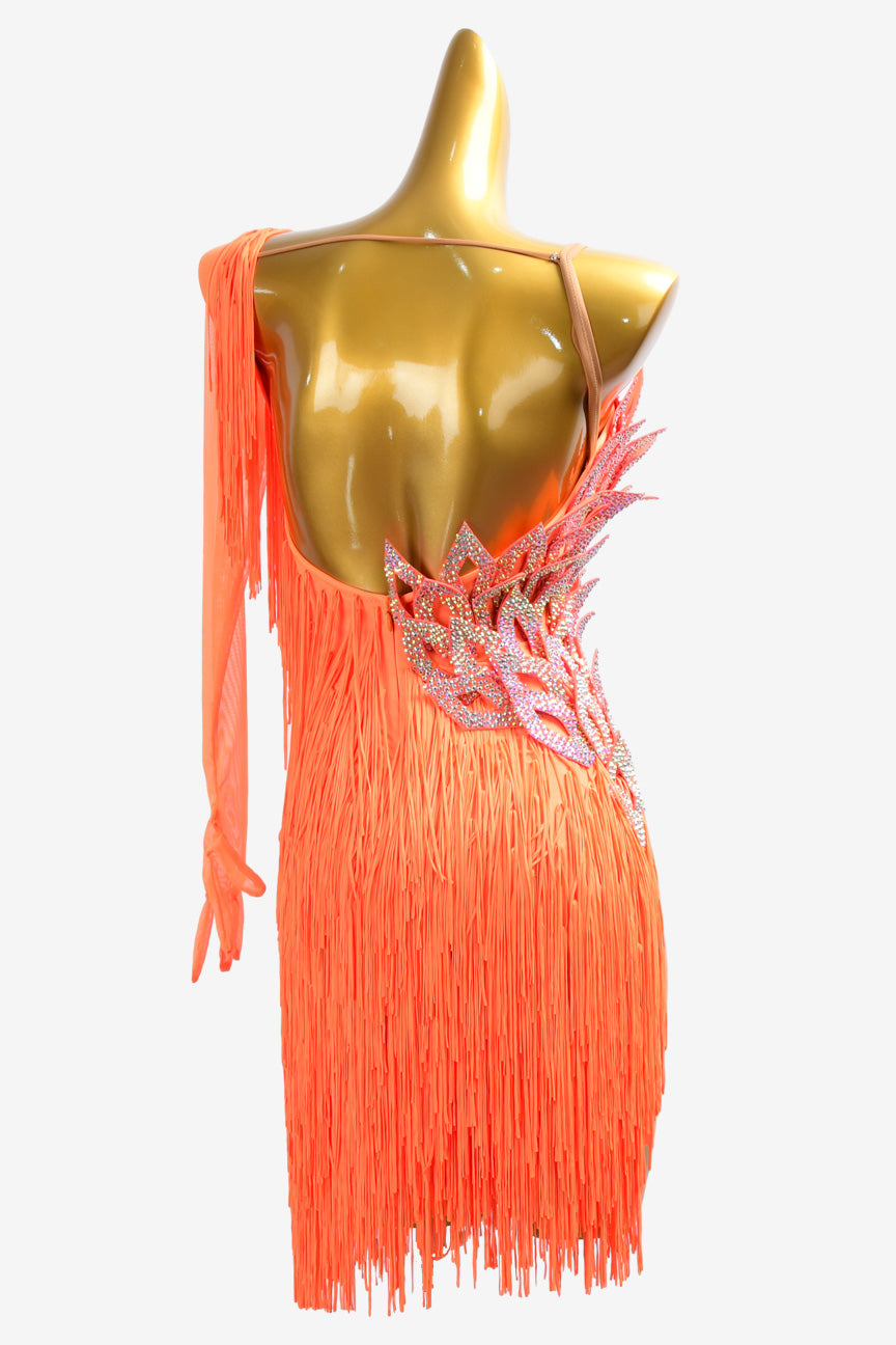 Permino orange Latin dress with fringe and crystal AB