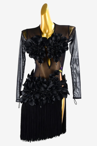 Permino black mesh Latin dress with flower appliques, beadedings, fringes & crystals
