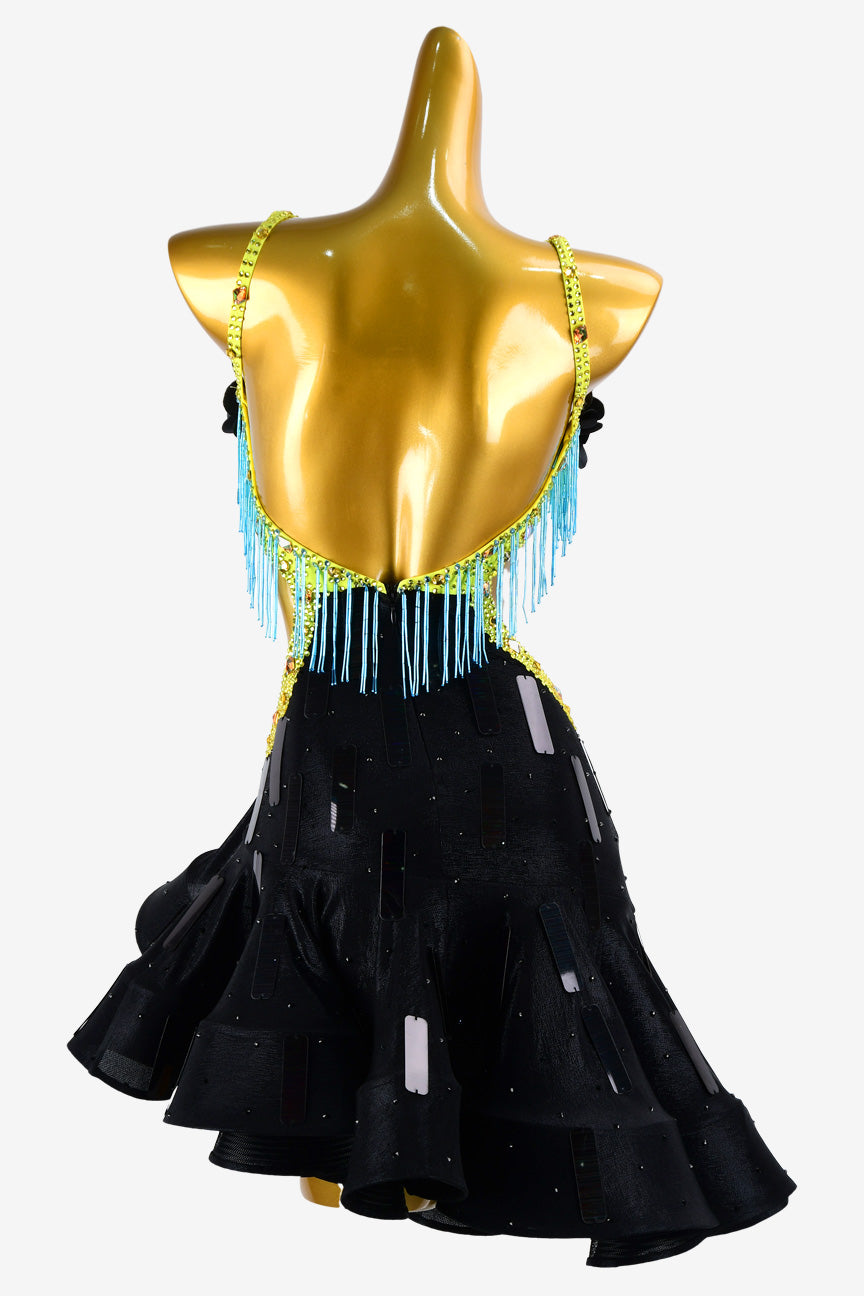 Permino black Latin dress with skyblue beaded fringes, sequins, flower appliques & AB stones