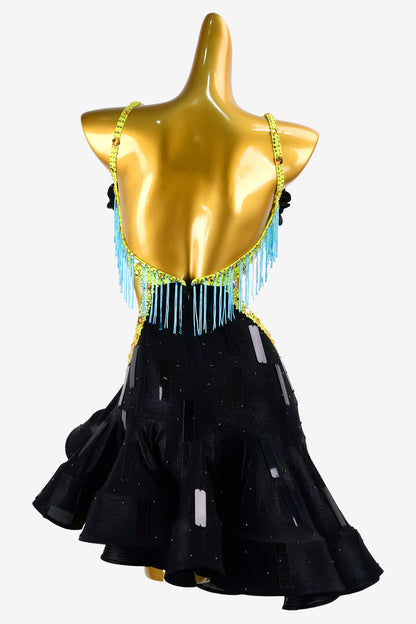 Permino black Latin dress with skyblue beaded fringes, sequins, flower appliques & AB stones