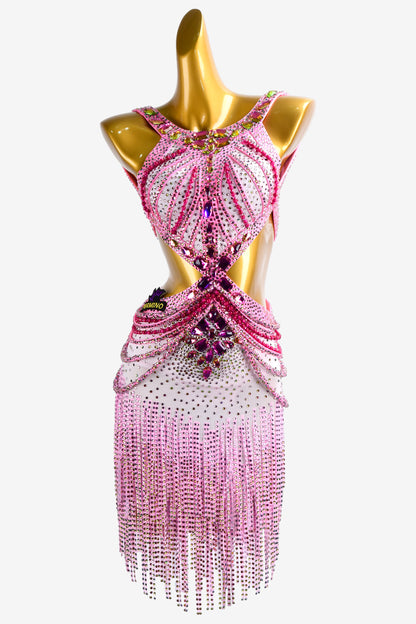 Permino bright pink Latin dress with crystal AB and stone fringes