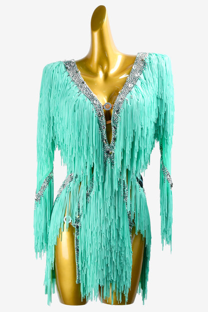 Permino turquoise Latin dress with AB stone and fringe