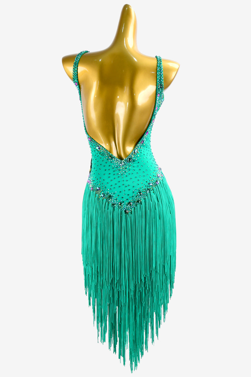 Permino light sea geeen Latin dress with feather and AB stone