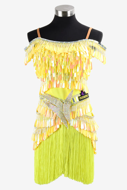 Permino canary yellow Latin dress with sequins, fringe and crystal AB