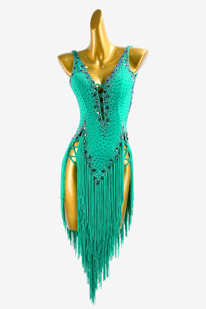 Permino light sea geeen Latin dress with feather and AB stone