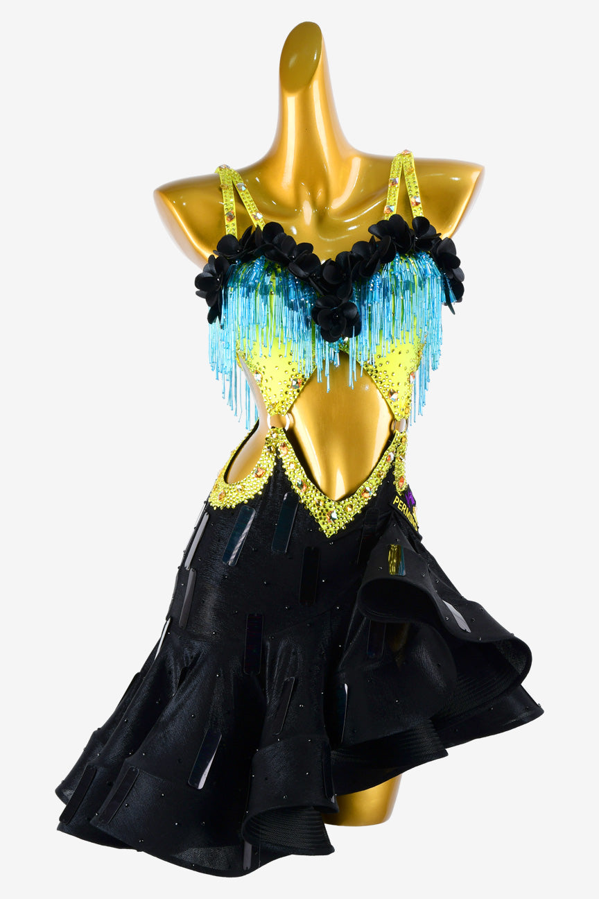 Permino black Latin dress with skyblue beaded fringes, sequins, flower appliques & AB stones
