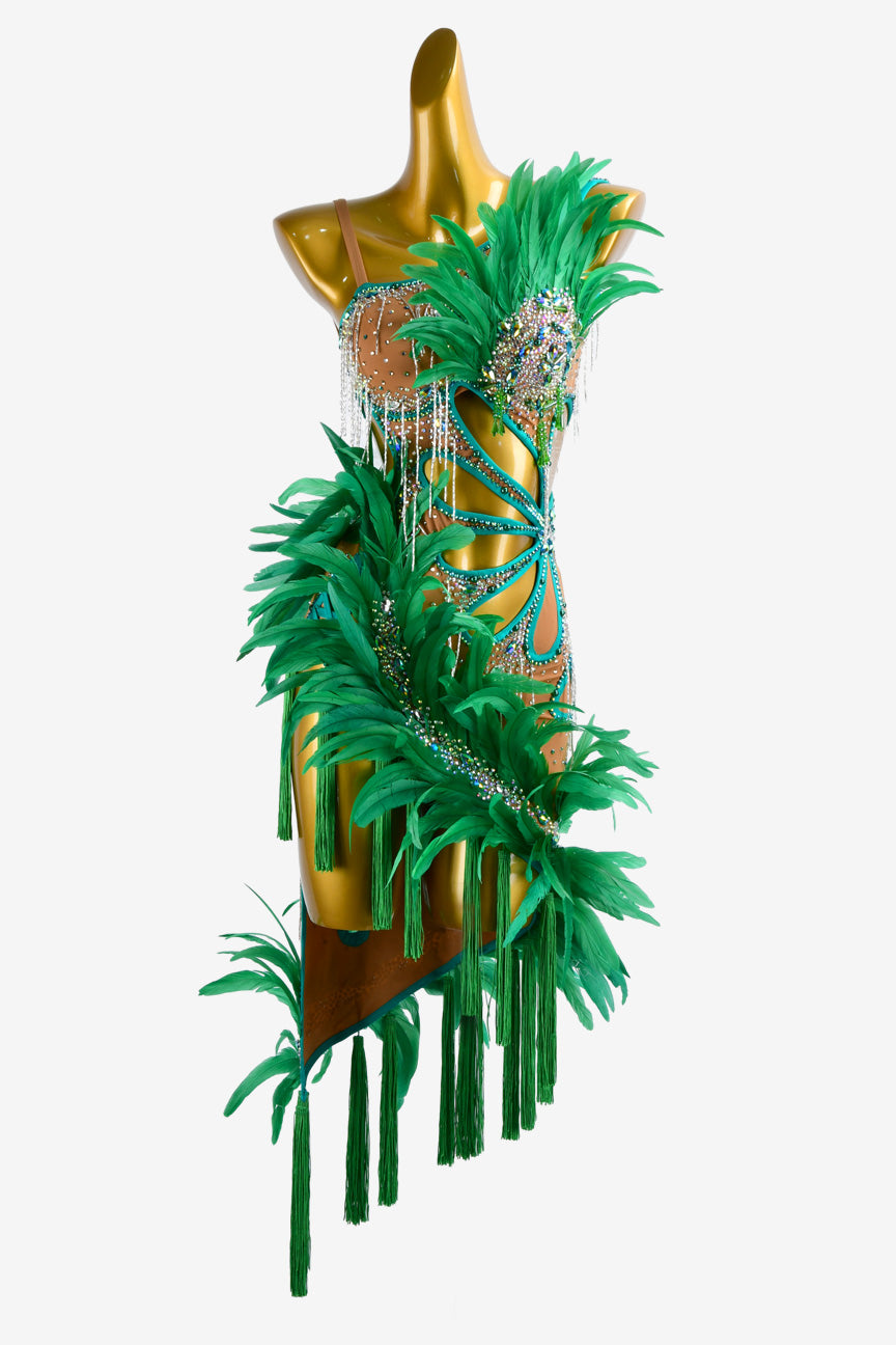 Permino black Latin dress with crystal AB, feather and stone fringes