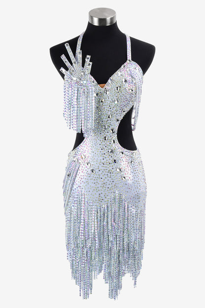 Permino white Latin dress with stone fringes and crystal AB