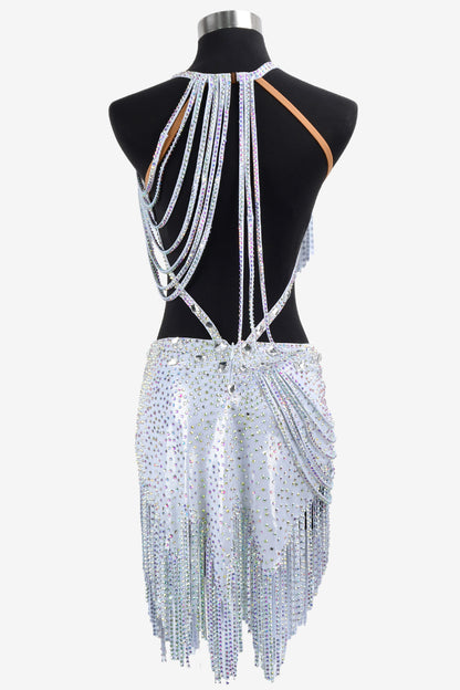 Permino white Latin dress with stone fringes and crystal AB