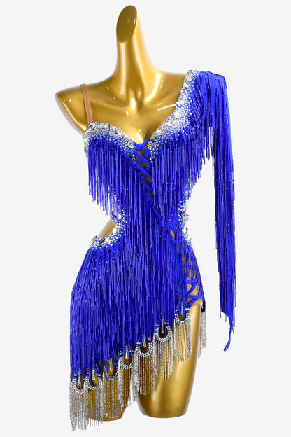 Permino international klein blue Latin dress with beaded fringe and AB stone