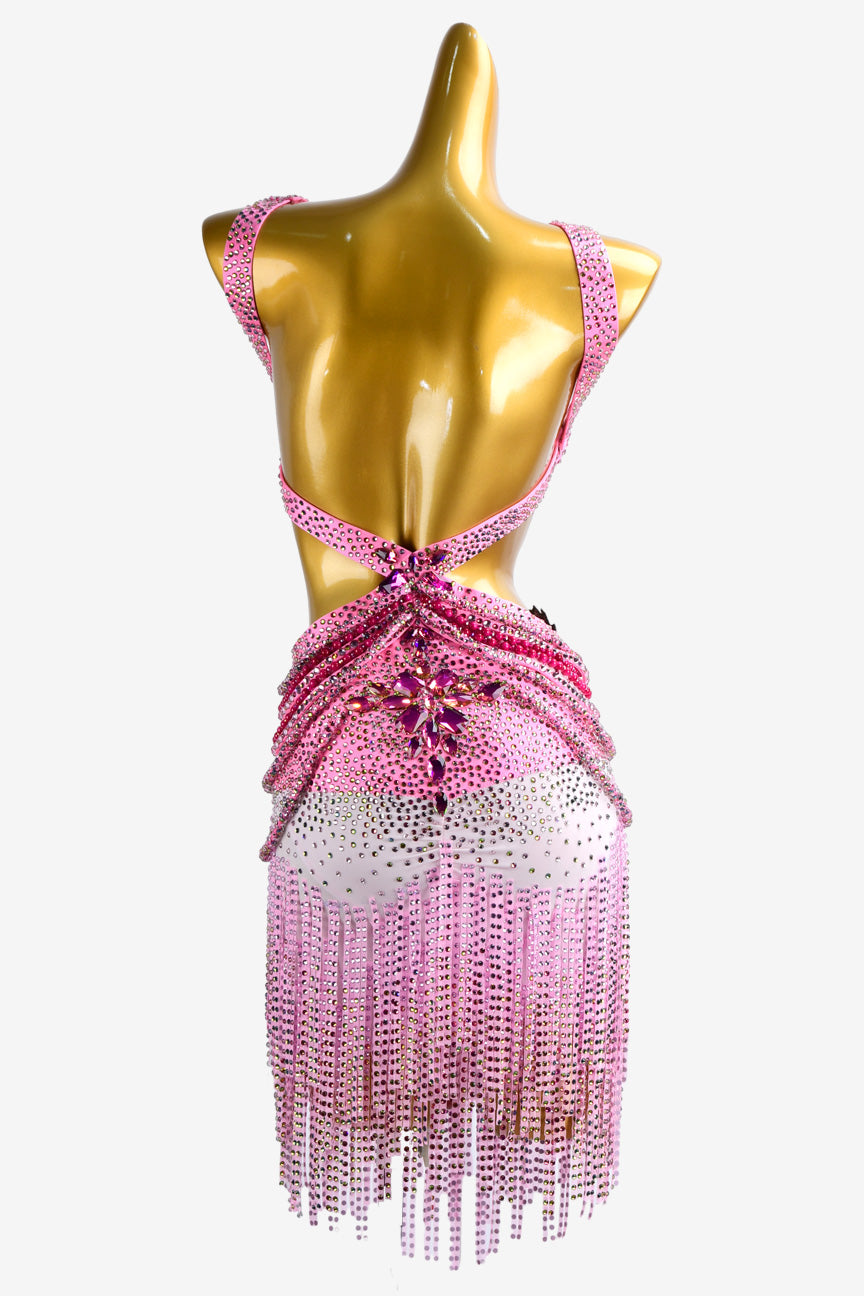 Permino bright pink Latin dress with crystal AB and stone fringes