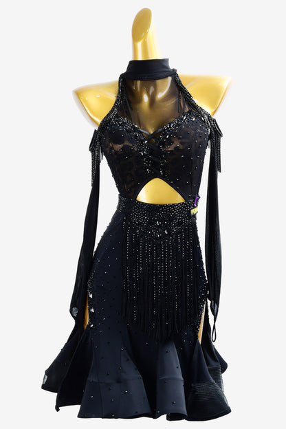 Permino black Latin dress with fringe,crystal AB and beaded fringe