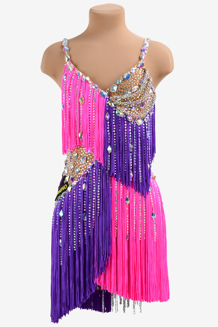 Permino colorful Latin dress with stone fringes, fringe and crystal AB